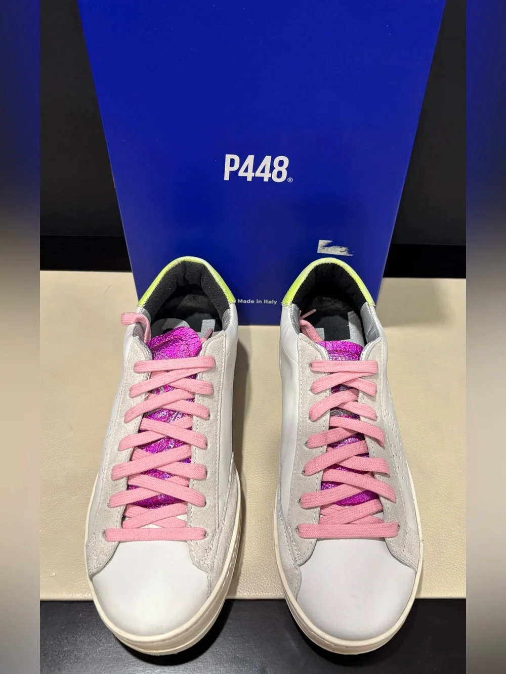 P448 Leather Sneaker John Dogma Low Top, White, Size 36, Neon Retro 80s Beach